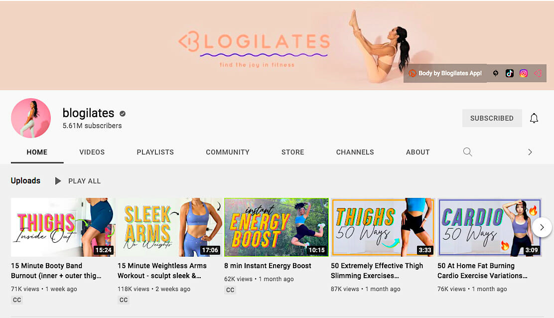 Blogilates YouTube channel