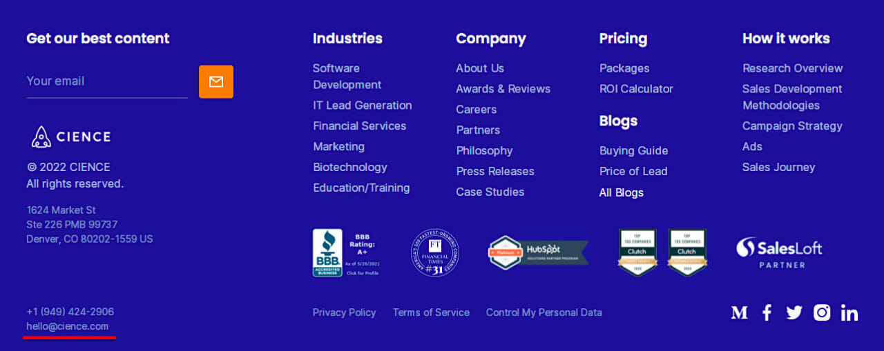 Screenshot of Cience footer in home page