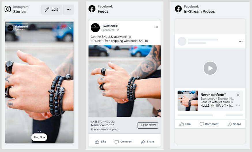 FB Ads media examples (stories, feeds, in-stream videos)
