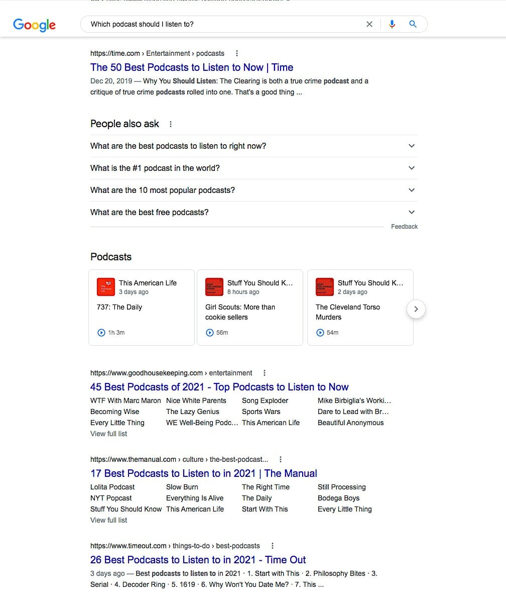 screenshot of Google results for which podcast should i listen to