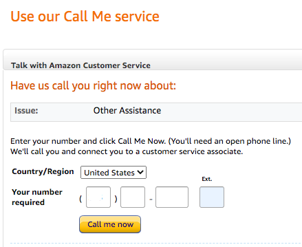 Screenshot of Amazon's "call me" service