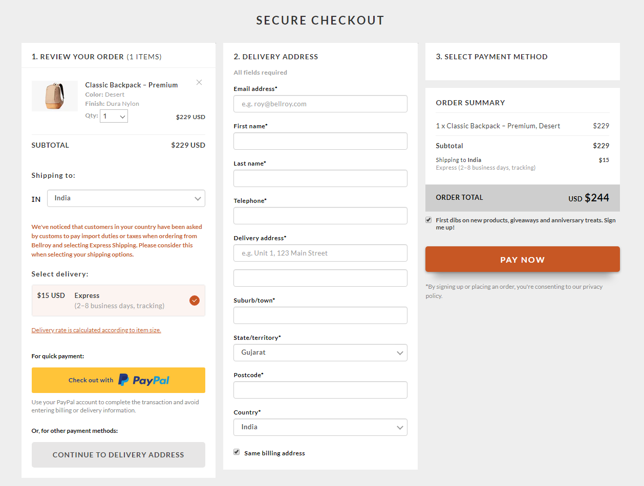 bellroy one page checkout