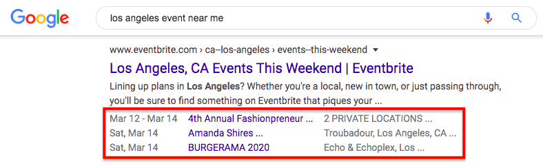 events schema in search appearance