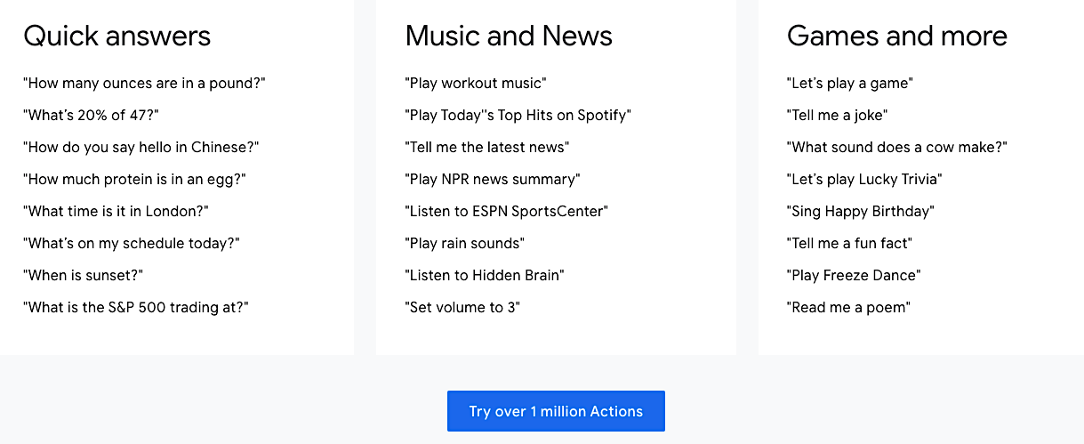 Google Assistant has 1 million actions for voice search (partial list)