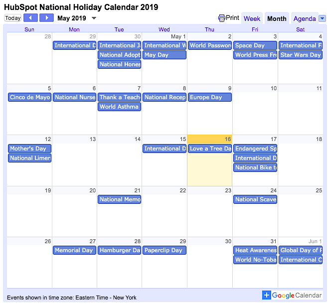 HubSpot National Holiday Calendar 2019