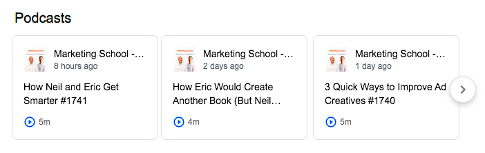Marketing School podcast carousel in the SERPs