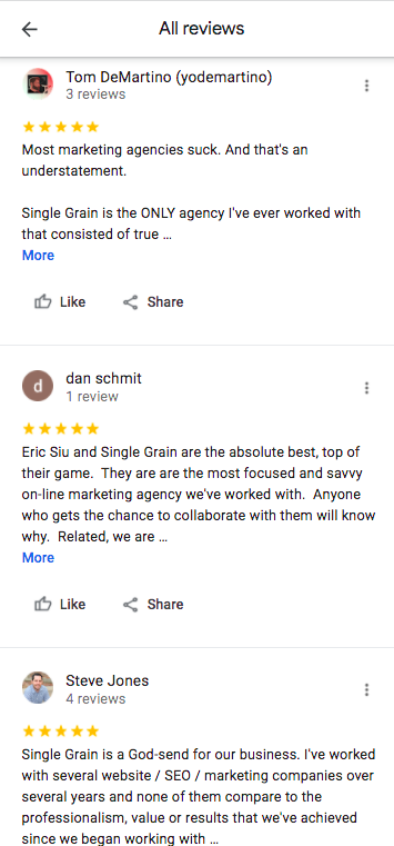 screenshot of company reviews on google