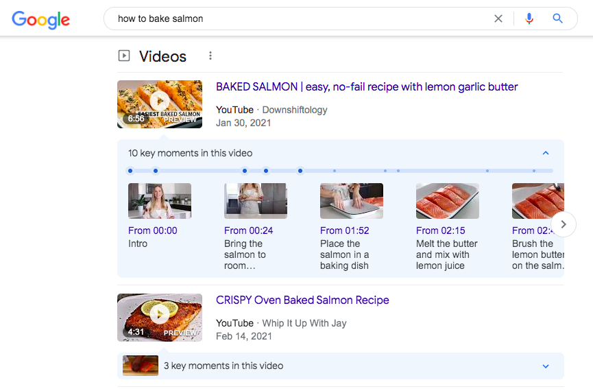 screenshot of search results that include video featured snippets