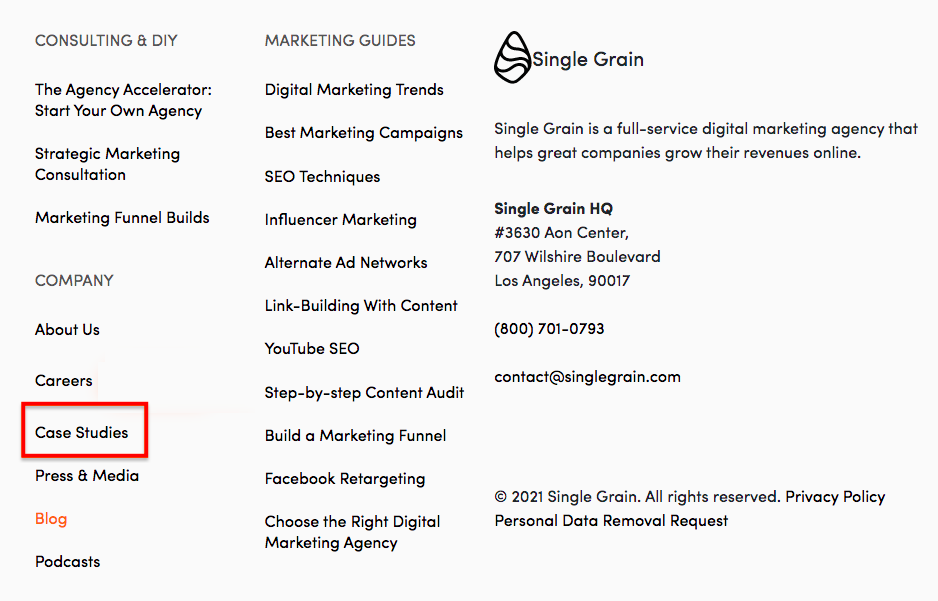 screenshot of content marketer's menu, including case studies