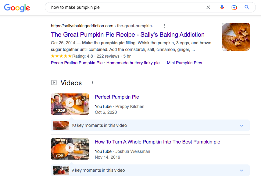 Google SERPs that feature articles and videos
