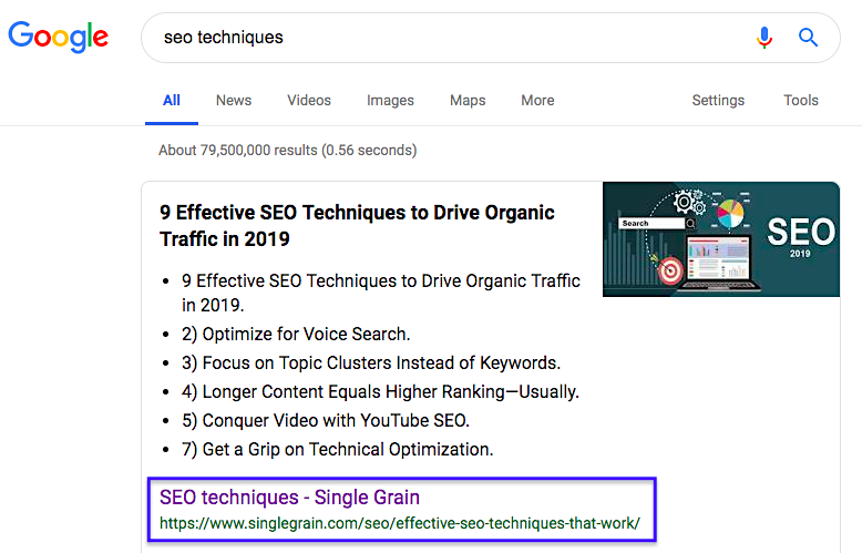 Single Grain SEO keyword in Google